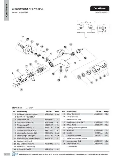 Schematische Darstellung eines Badethermostats von Ideal Standard mit Beschriftung der Einzelteile und deren Artikelnummern. Darstellung umfasst Explosionszeichnung und Bauteilliste.